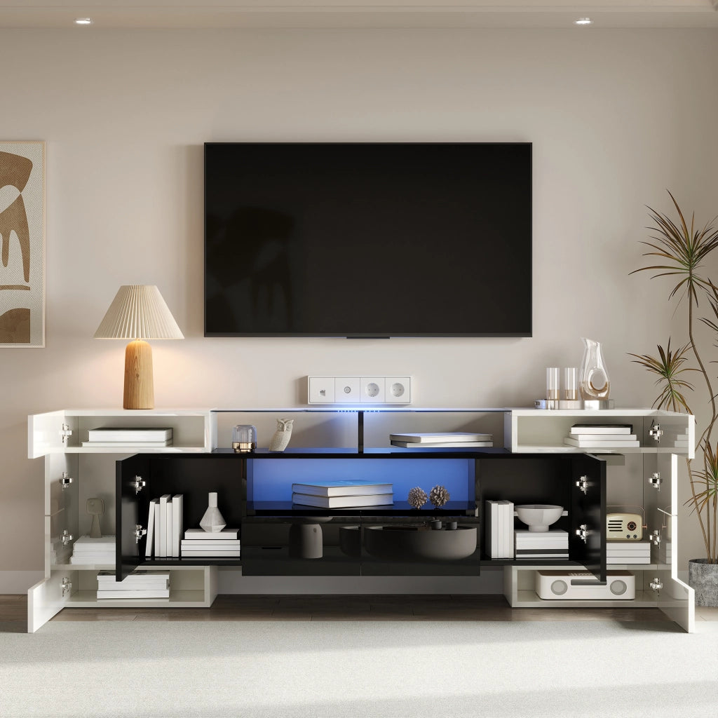Mobile TV moderno 200x35x60 cm con LED multicolore; 6 ante e 2 cassetti bianco e nero