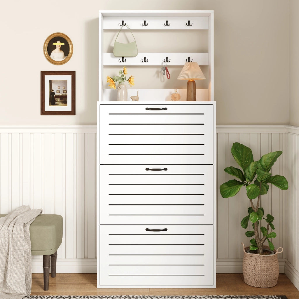 Scarpiera con 3 ripiani e 8 ganci per accessori, per ingresso e camera da letto, in truciolare bianco, 70 × 25 × 165 cm
