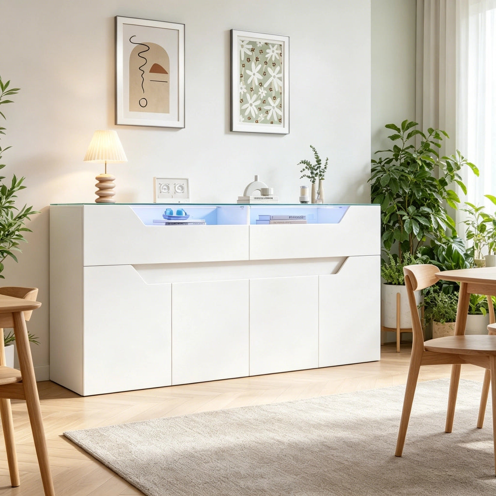 Madia con 2 cassetti e ante in MDF bianco; vetro temperato e illuminazione LED controllabile tramite app 140 × 40 × 70 cm