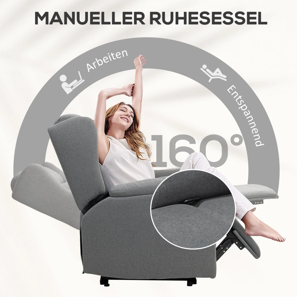 Poltrona relax reclinabile 160° con poggiapiedi effetto lino grigio scuro facile da montare per soggiorno
