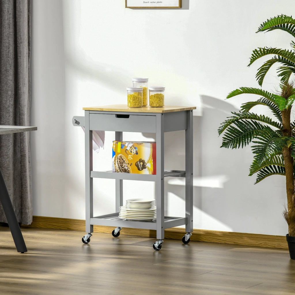 Carrello da cucina con ripiani in legno di hevea ¨C Minimal ¨C 2 ripiani, 1 cassetto e 1 porta strofinacci