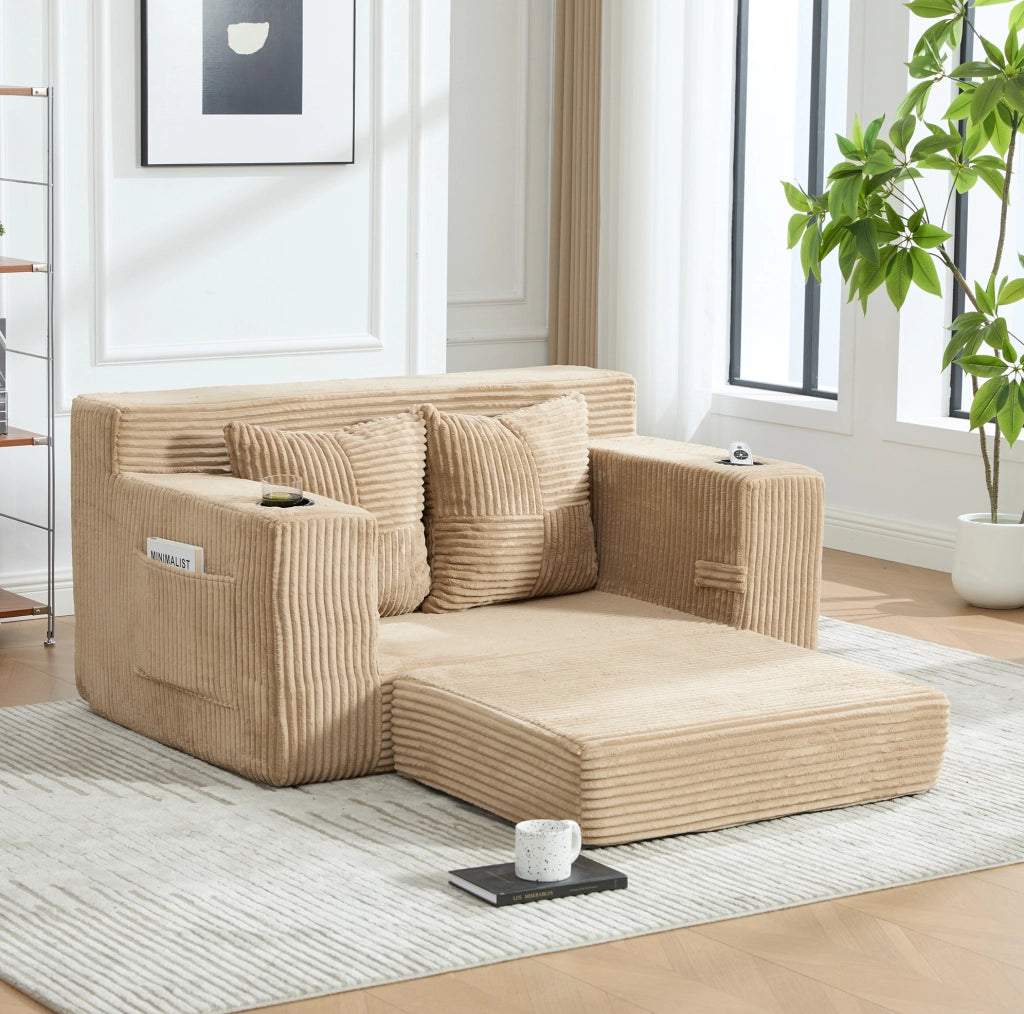 DIVANO Pouf 151x133x64 cm in Velluto a Coste Khaki con Tasche Laterali