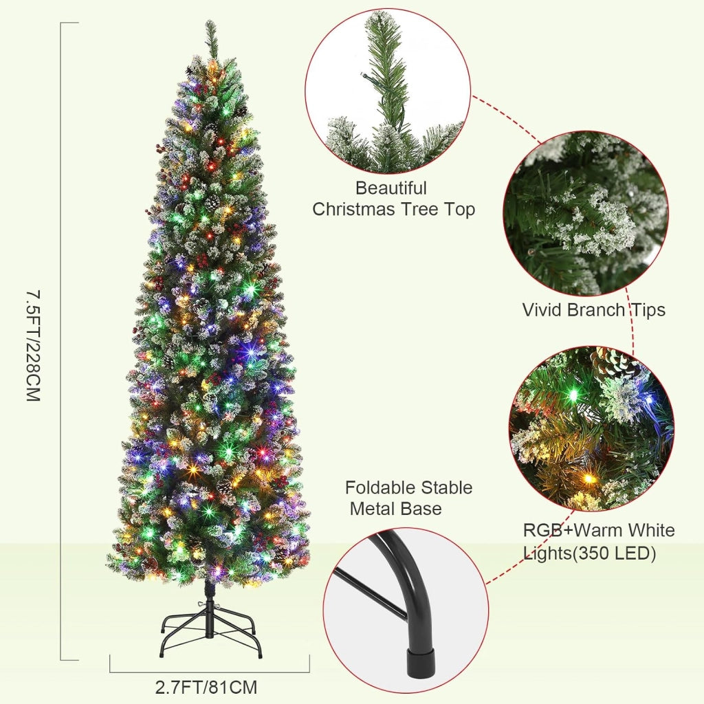Albero di Natale 230cm con 350 LED RGBW Bicolore 9 Funzioni Bacche Rosse Pigne e Spina UE