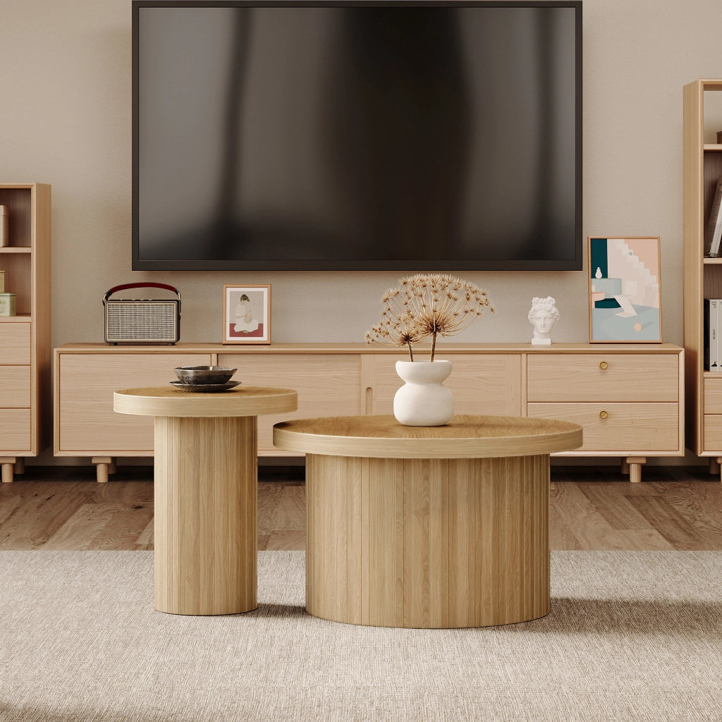 Tavolini da salotto impilabili modulari con struttura a doghe, stile naturale, in MDF, colore legno, per soggiorno