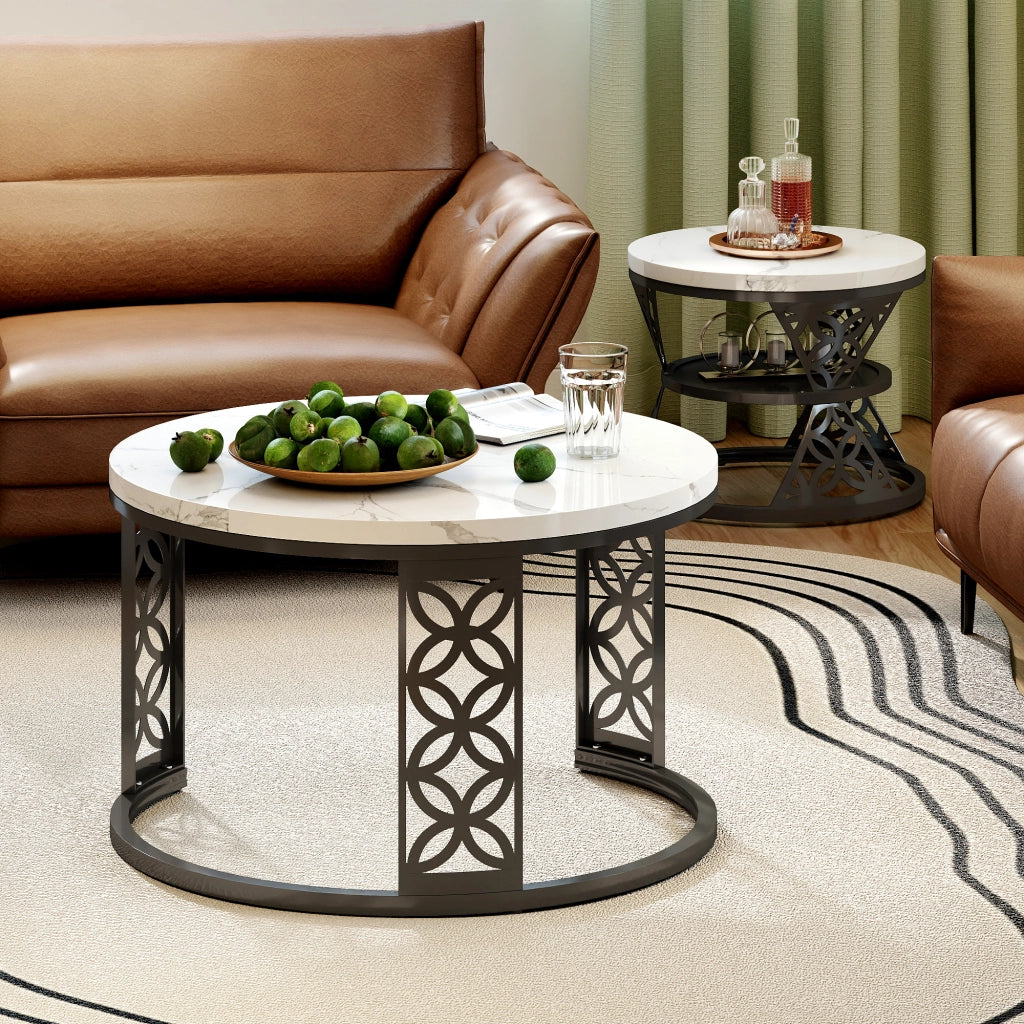 Set 2 tavolini da caffè 70x70x45 e 45x45x37 cm; piani effetto marmo bianco; struttura in metallo nero