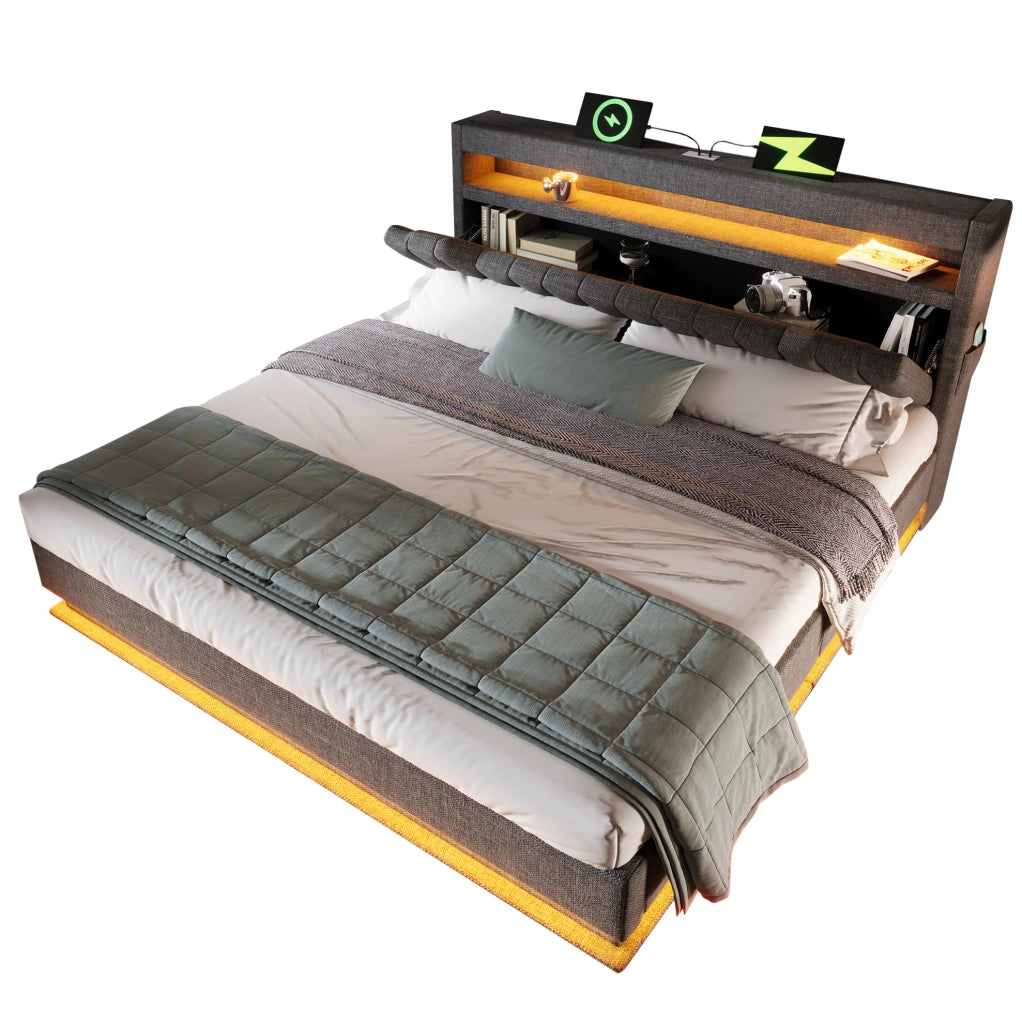 Letto contenitore 160x200 cm in lino grigio con USB e LED, senza materasso