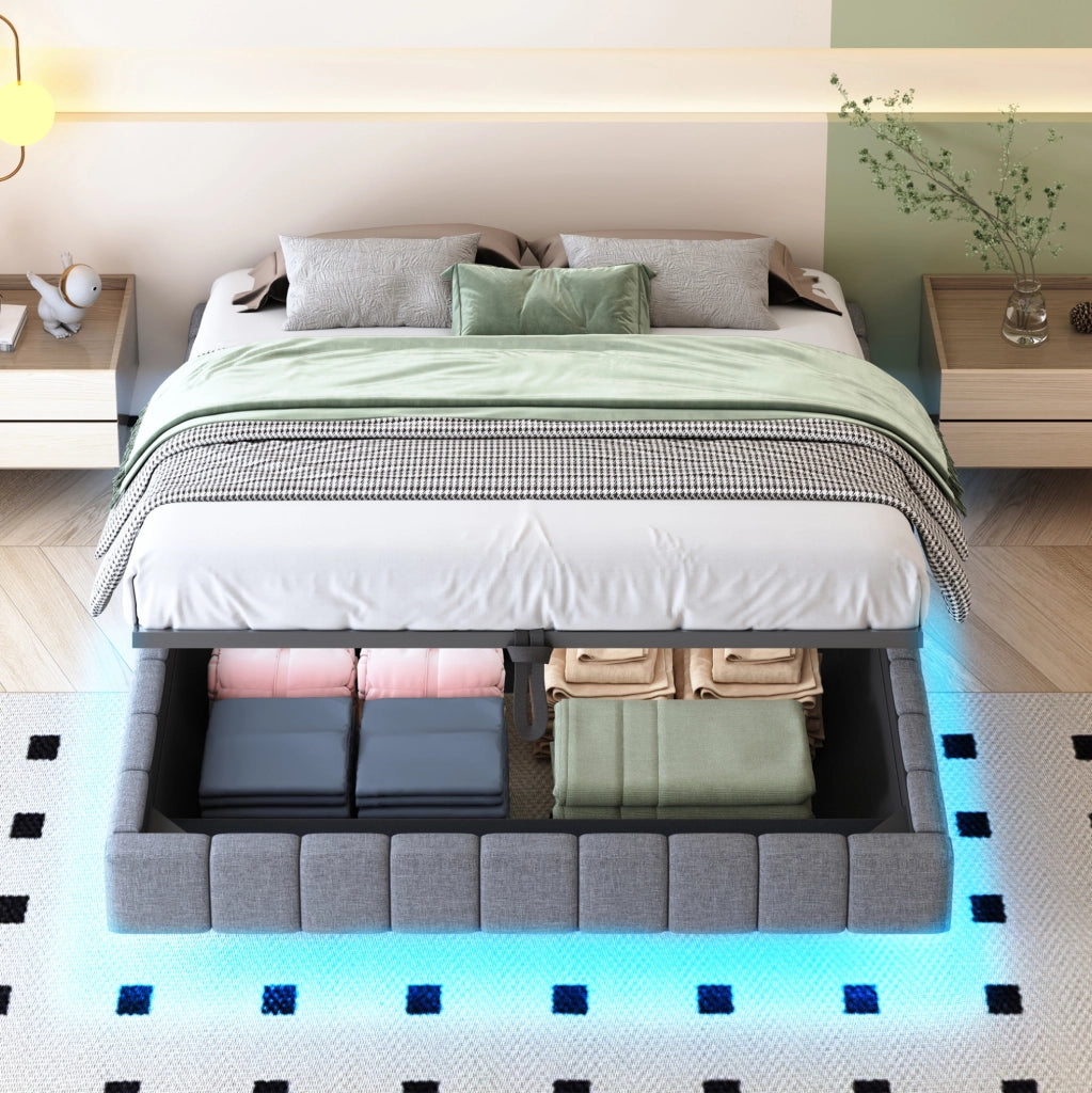 Letto imbottito sospeso 160x200 cm con LED e contenitore, grigio