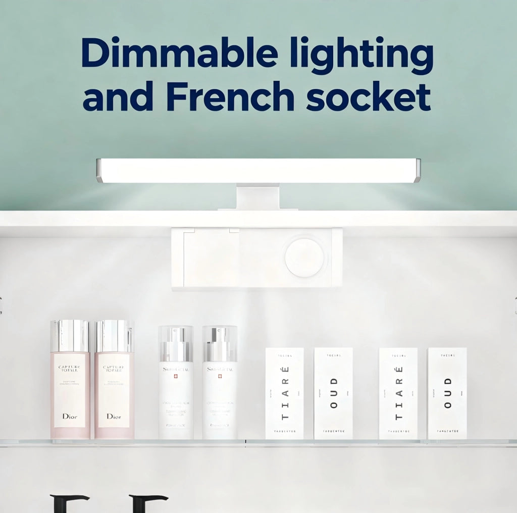Mobile specchio bianco da 80 cm a parete con 3 ante, illuminazione LED e presa francese integrata