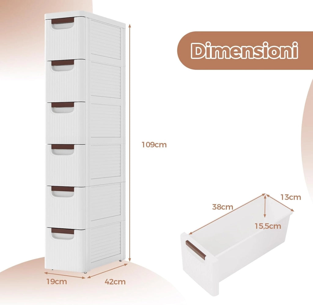 Cassettiere con 6 Cassetti, Comò con Ruote Incorporate per Spazi Stretti, Armadietto Salvaspazio Moderno in Plastica per Scrivania, Camera da Letto e Soggiorno (42 x 19 x 109 cm)