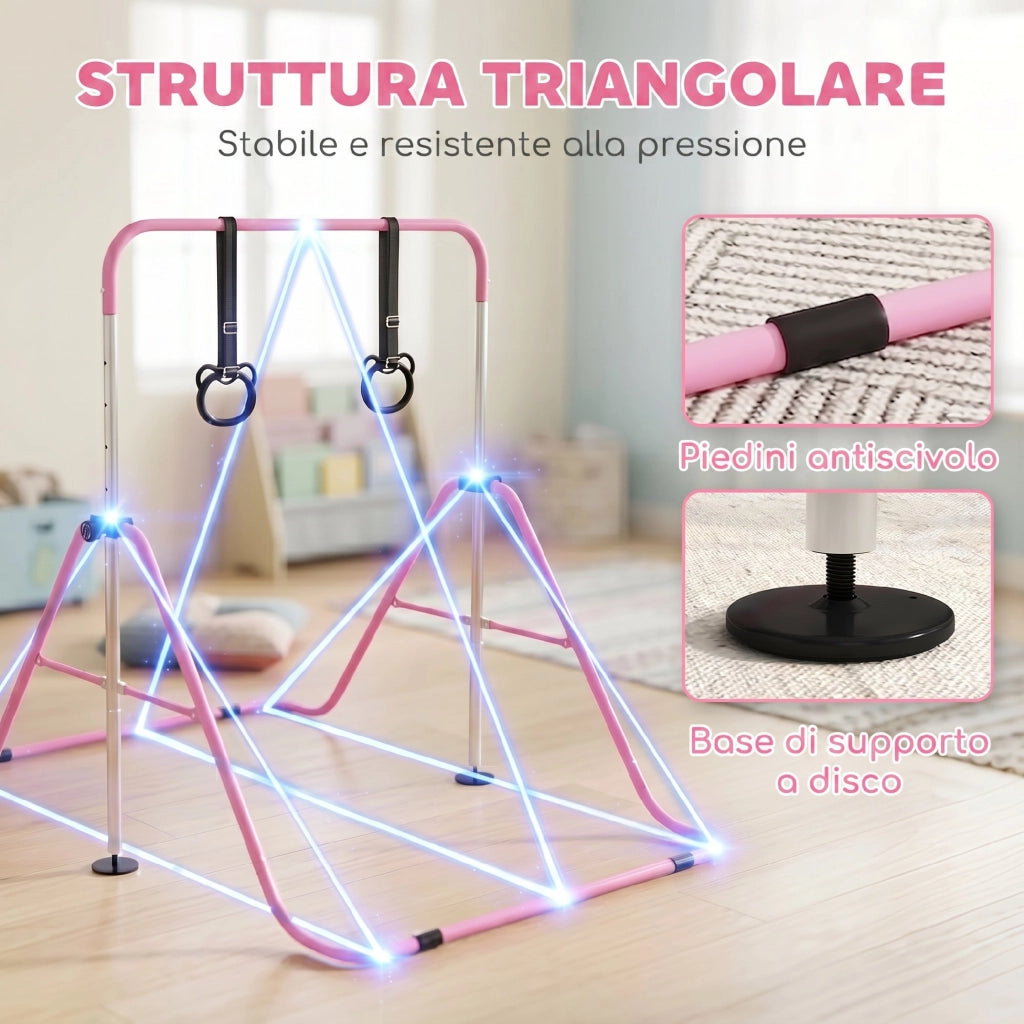 Sbarra da ginnastica artistica per bambini in acciaio rosa con 2 anelli, altezza regolabile e pieghevole, 148x105x88-128 cm, per casa