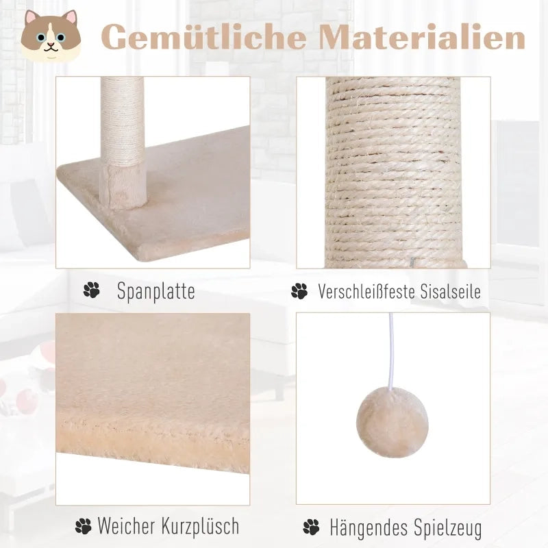Albero tiragraffi per gatti in truciolato beige con colonna in sisal e amaca in peluche, 50 x 36 x 70 cm