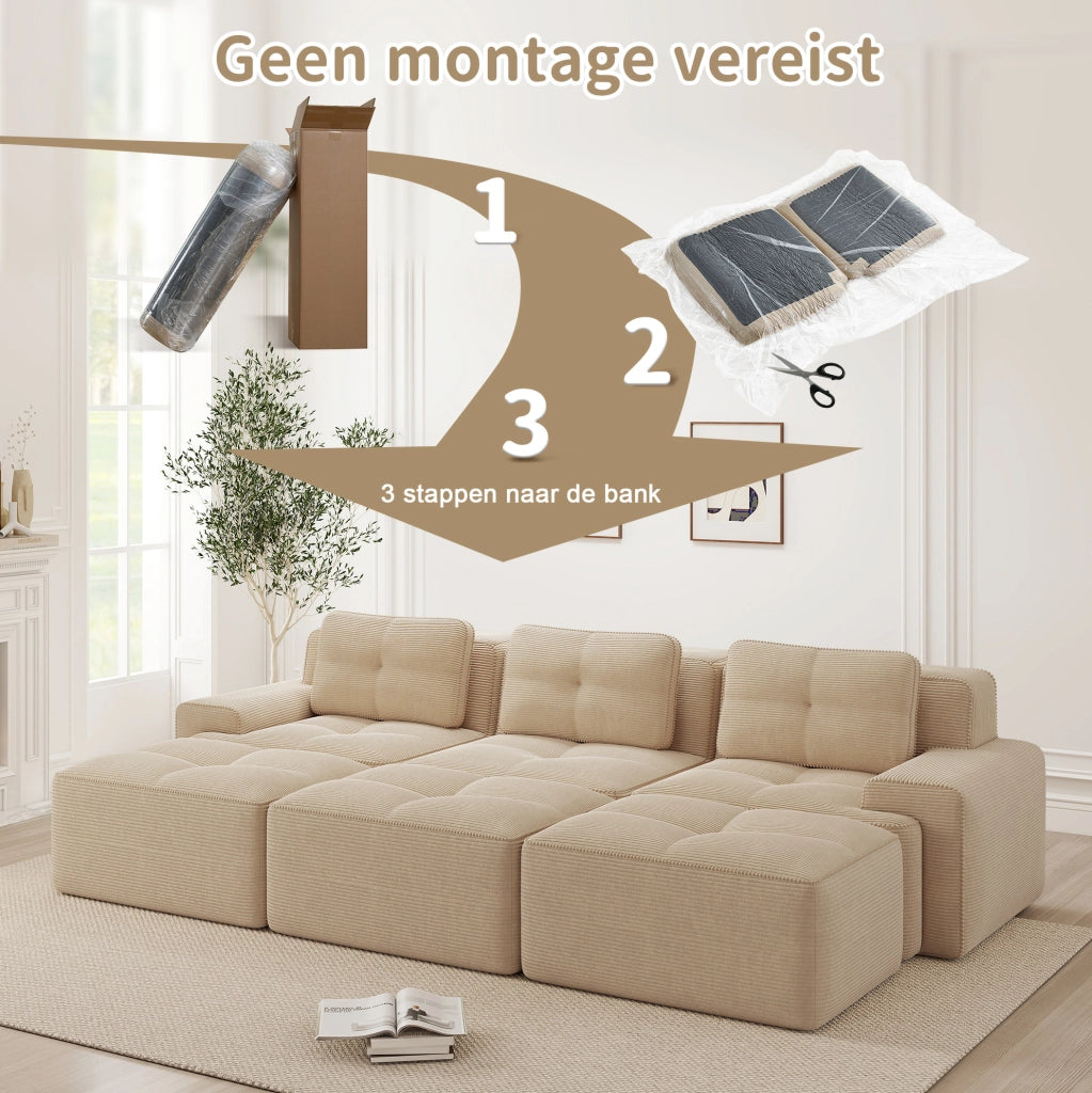 Divano modulare 4 posti in velluto con seduta profonda e struttura senza braccioli beige