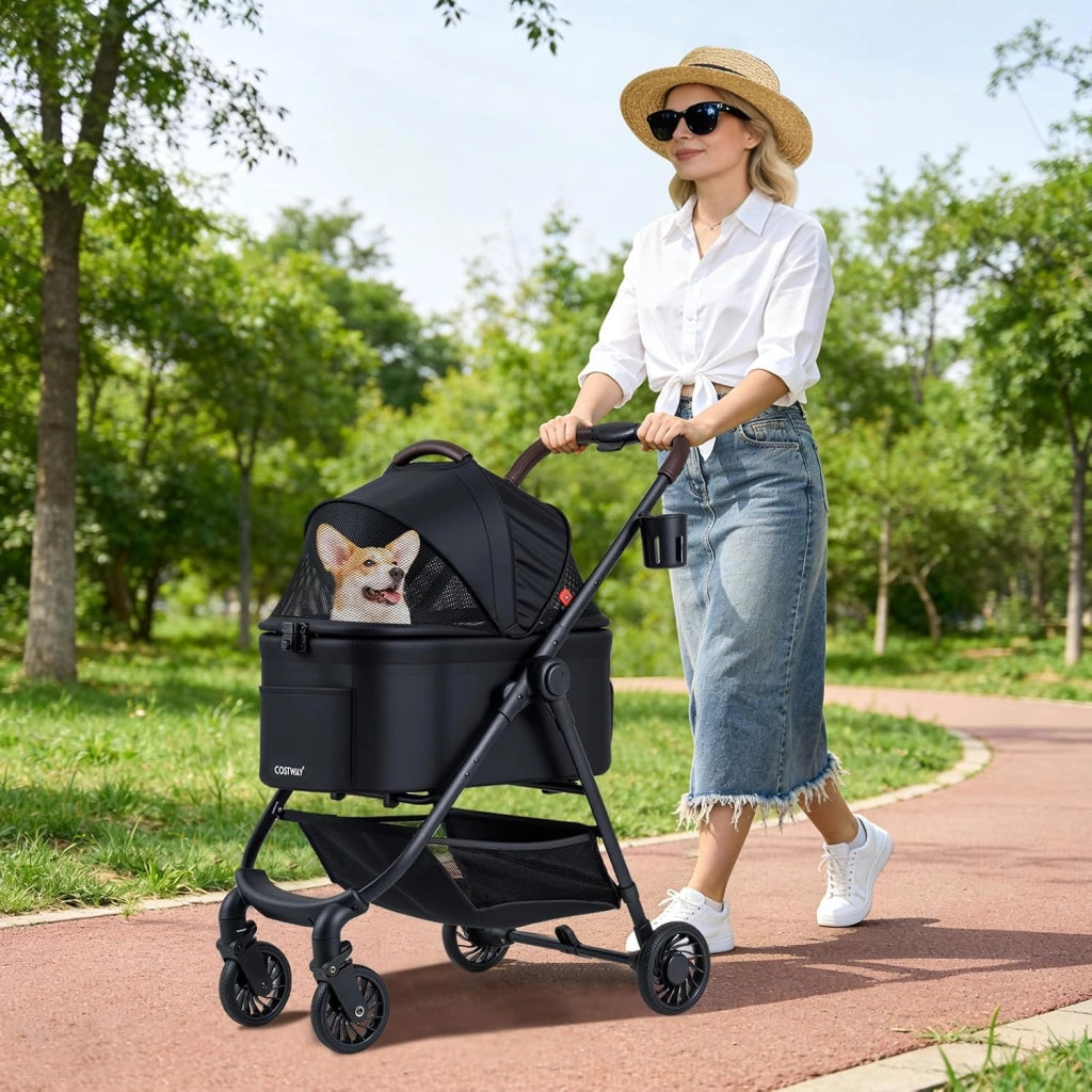 3 in 1 Passeggino Portatile per Cani, Portata 15 kg, Nero
Carrozzina per Cani Rimovibile con Tetto in Rete Regolabile, Cesto Portaoggetti e Cintura di Sicurezza