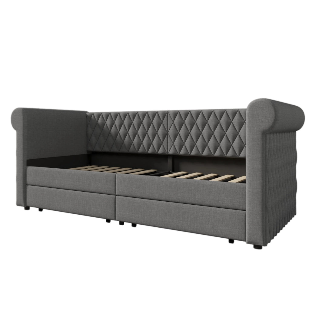 Divano letto vintage 90x200 cm in lino grigio con 2 cassetti
