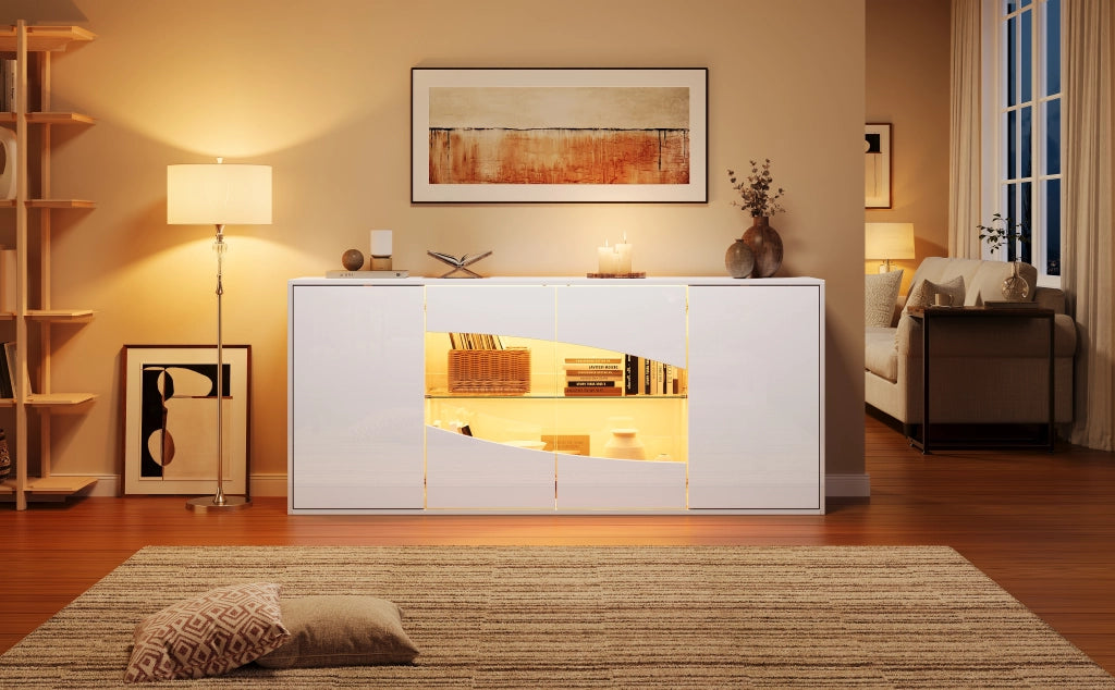 Credenza bianca lucida con illuminazione LED; 160 x 35 x 70 cm; quattro ante; MDF e vetro di sicurezza