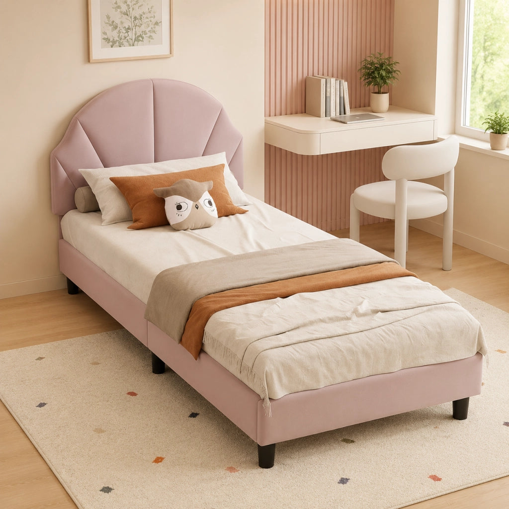 Letto per bambini 90x190 cm; letto singolo imbottito con testiera regolabile e rete a doghe per bambini;adolescenti; velluto; rosa; senza materasso