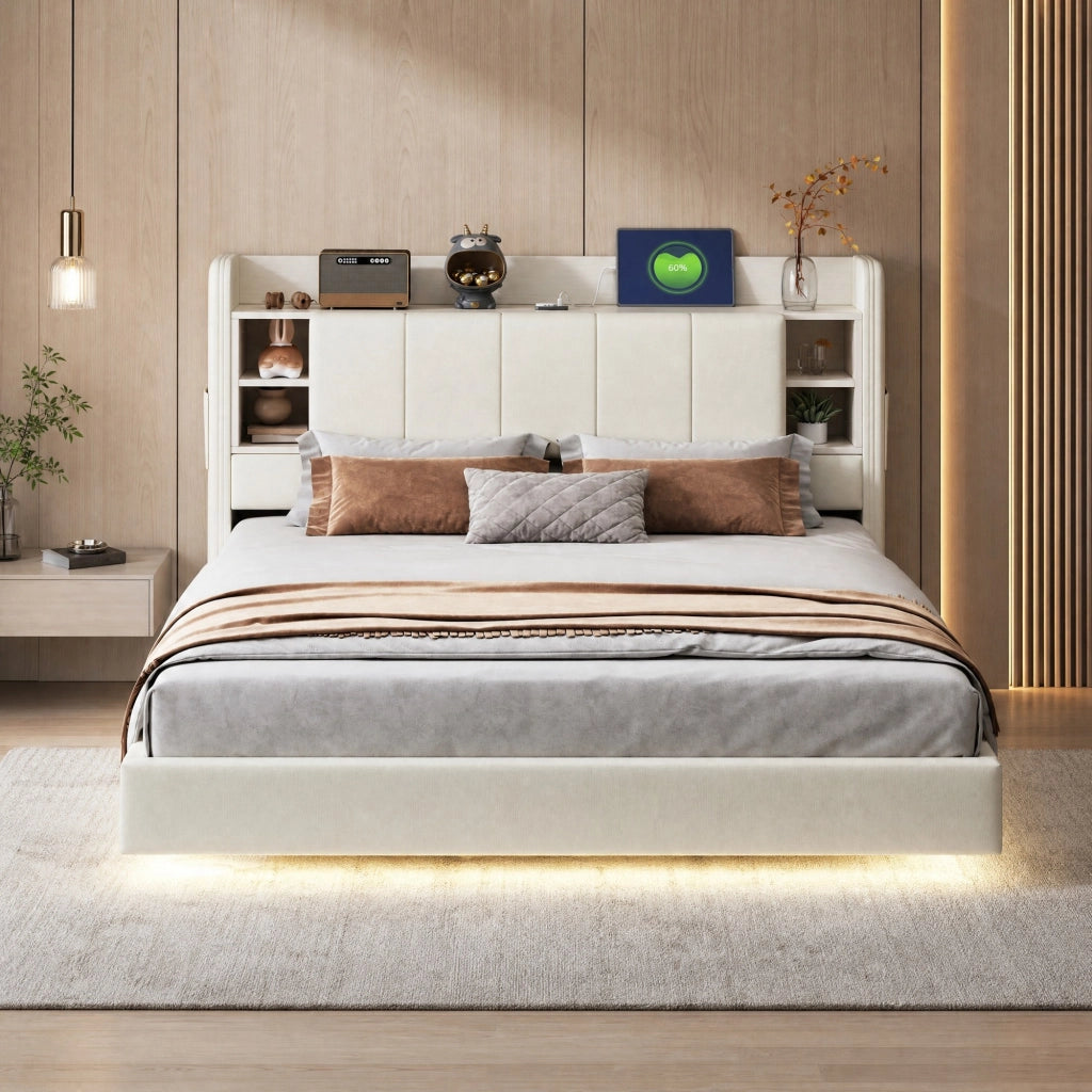 Letto matrimoniale imbottito 160 × 200 cm con LED porta USB vani e mensole testiera in lino beige
