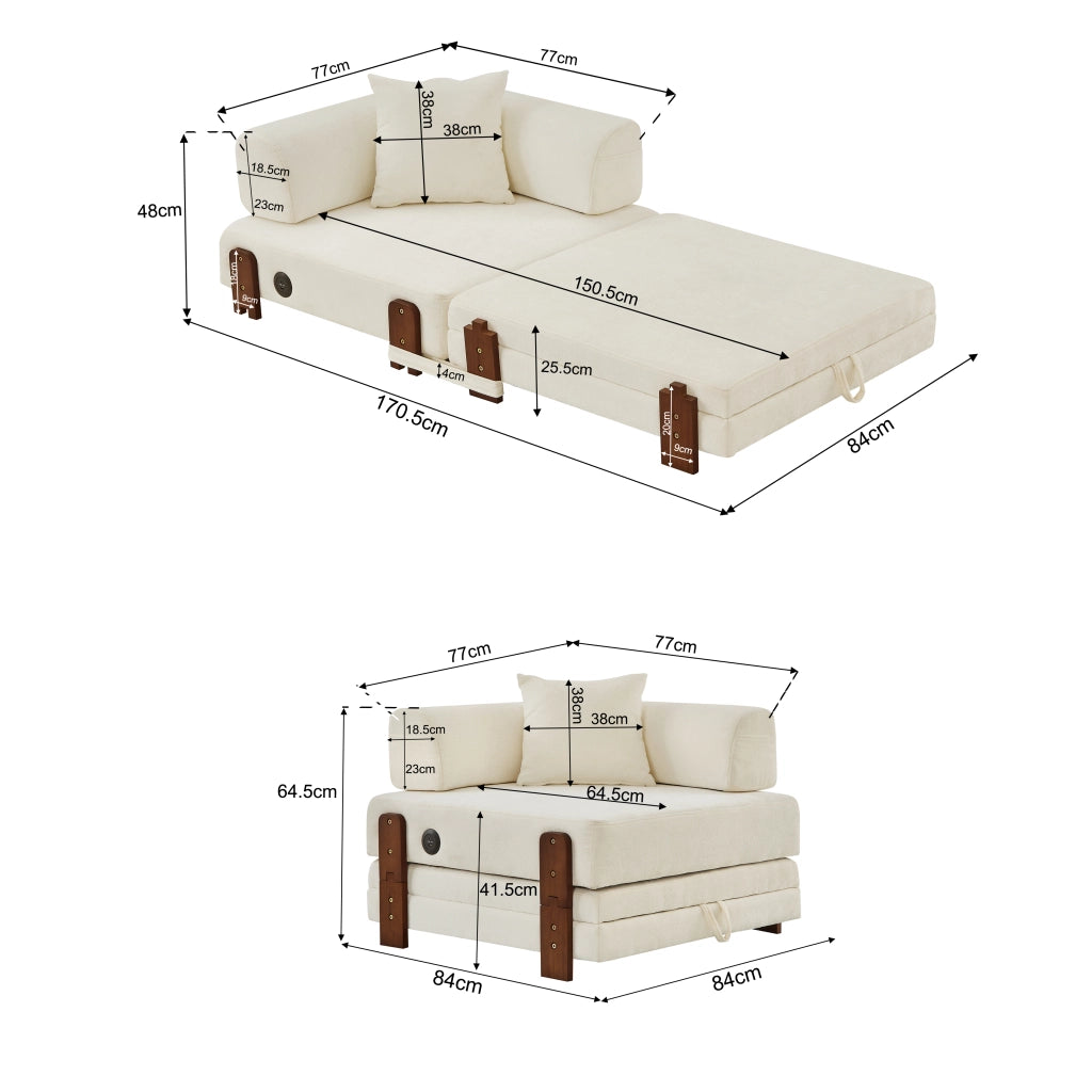Divano letto pieghevole 2 in 1 in tessuto beige con porte USB e USB-C tasche laterali e vano contenitore