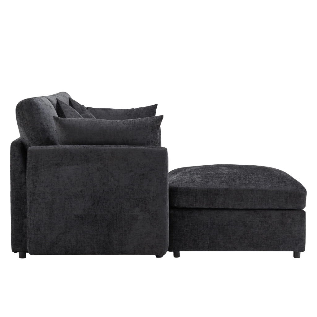 Divano modulare 3-4 posti 216x161 cm con pouf mobile e 4 cuscini in ciniglia grigio