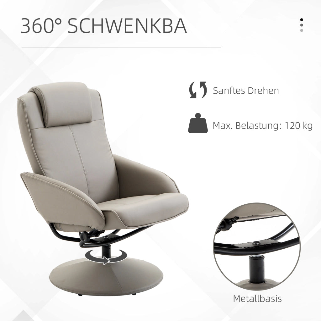 Poltrona Relax Girevole 360° con Poggiapiedi in Ecopelle Grigia, 78×67×98 cm