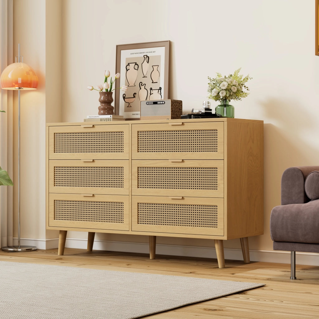 Cassettiera con 6 cassetti maniglie in metallo gambe in legno truciolare per soggiorno 120 × 76.5 × 40 cm