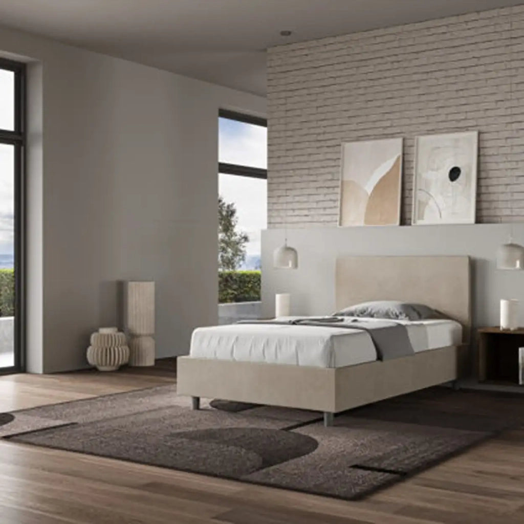 Letto una piazza e mezza con rete imbottito 120x190 microfibra sabbia Adele