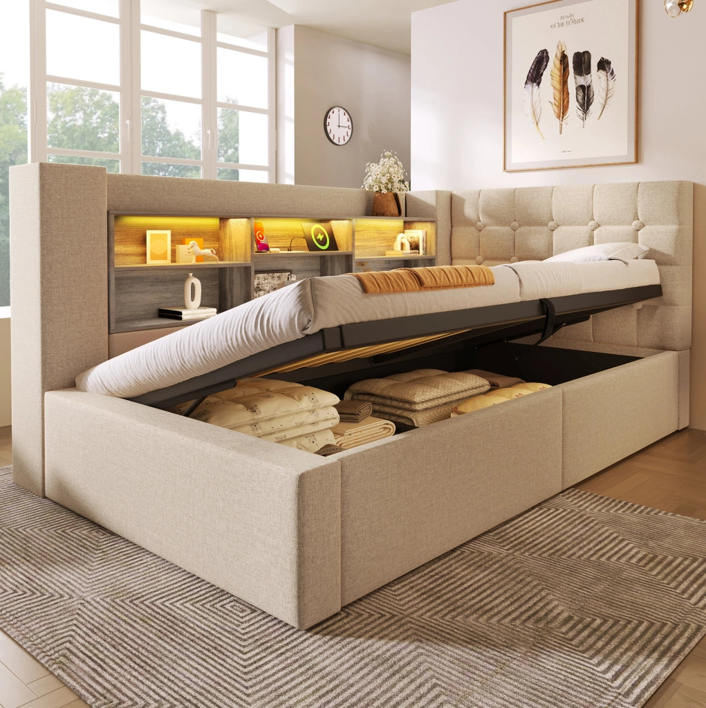 Letto singolo 90x200 cm con contenitore idraulico; LED e materasso H3 beige HOMVRA