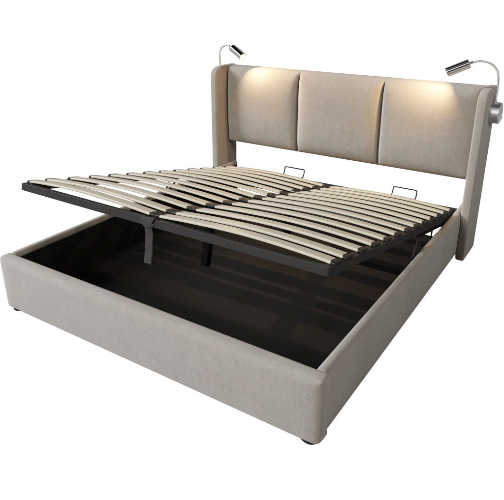Letto matrimoniale imbottito contenitore 140 × 200 cm con luce USB; lino beige