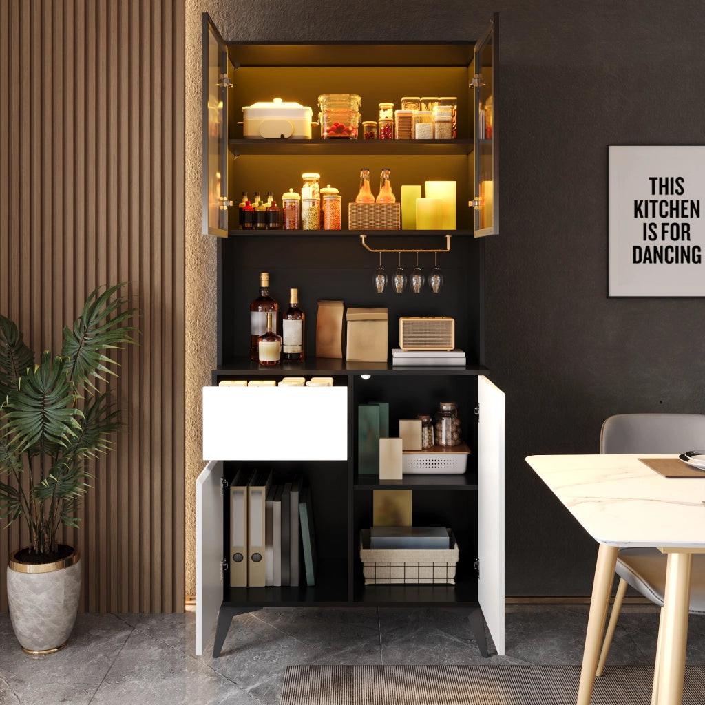 Credenza alta con 4 ante, 1 cassetto e LED integrata - per cucina e soggiorno - 80×40×180 cm