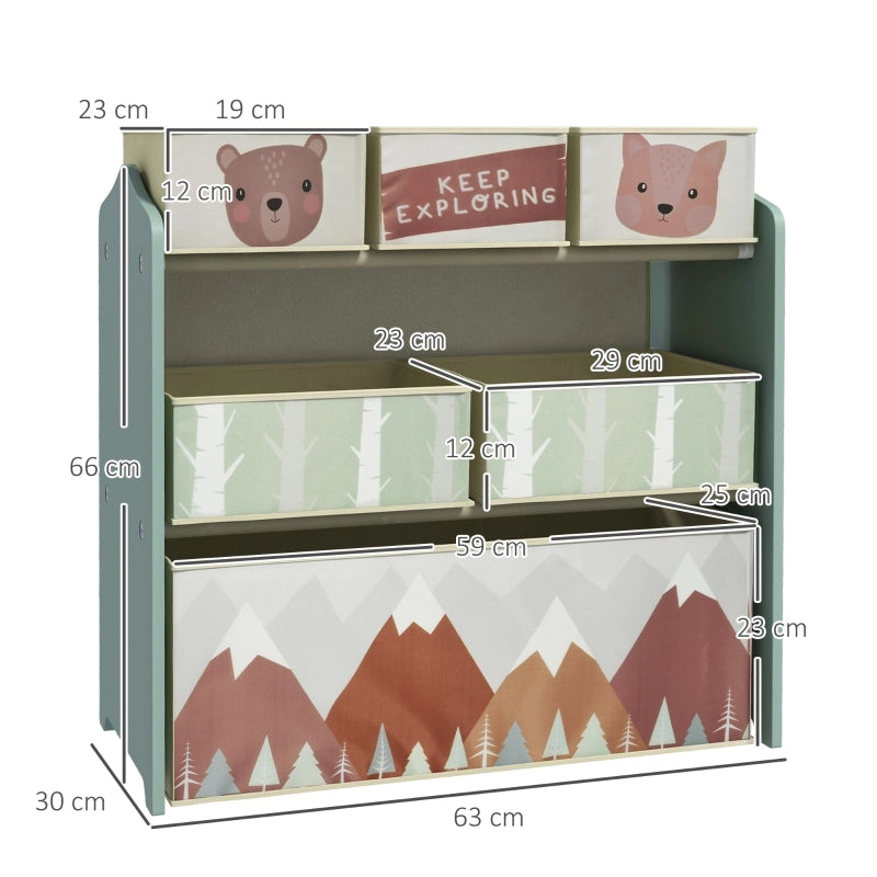 Armadio per bambini con 6 scatole in tessuto, motivo carino, 63x30x66 cm, verde