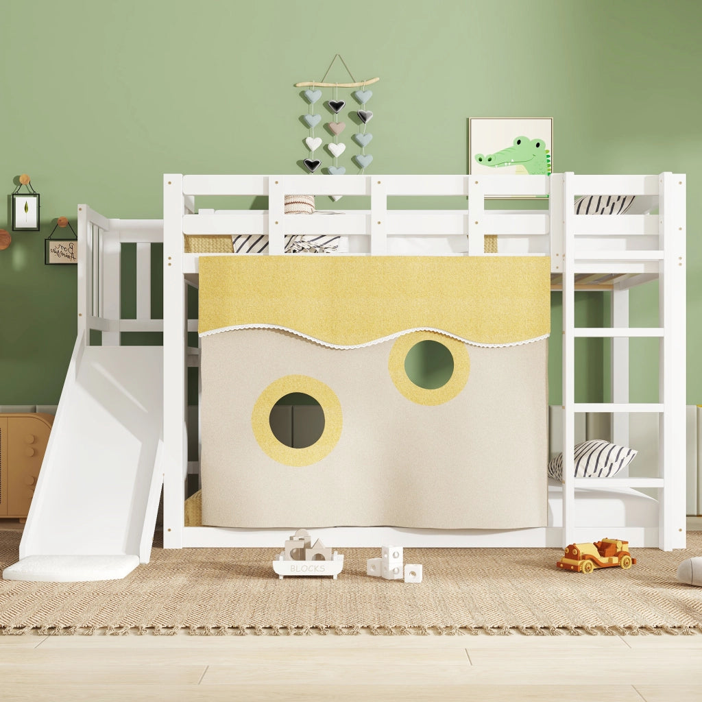 Letto a castello per bambini 90x200 cm con scivolo, scala, tenda e protezioni, bianco