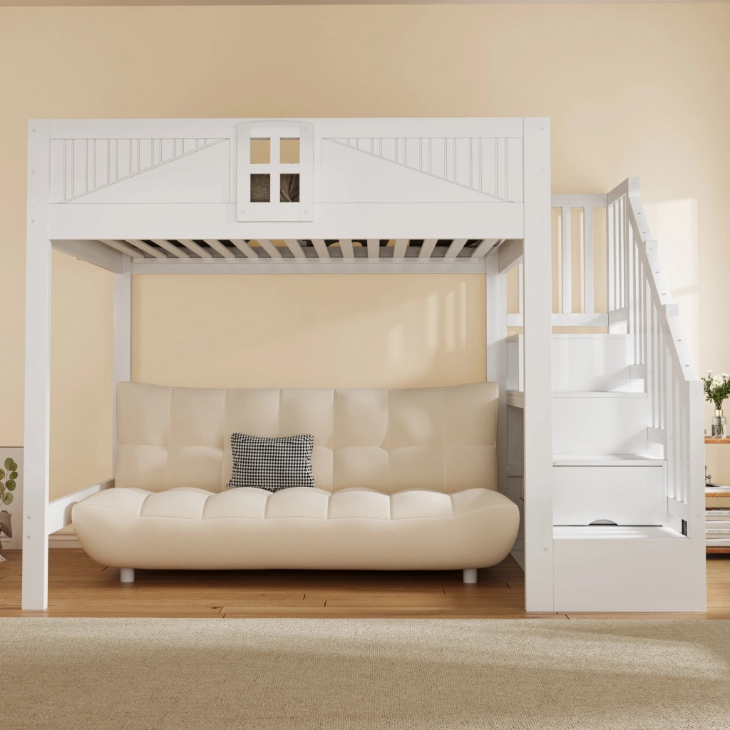 Letto a soppalco 140 x 200 cm - letto multifunzione con scaletta contenitore reversibile, contenitori e sponde con finestra - legno/MDF - bianco