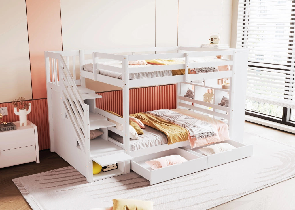 Letto a castello modulare 90 × 200 cm in legno bianco con scala contenitore cassetti e armadi integrati
