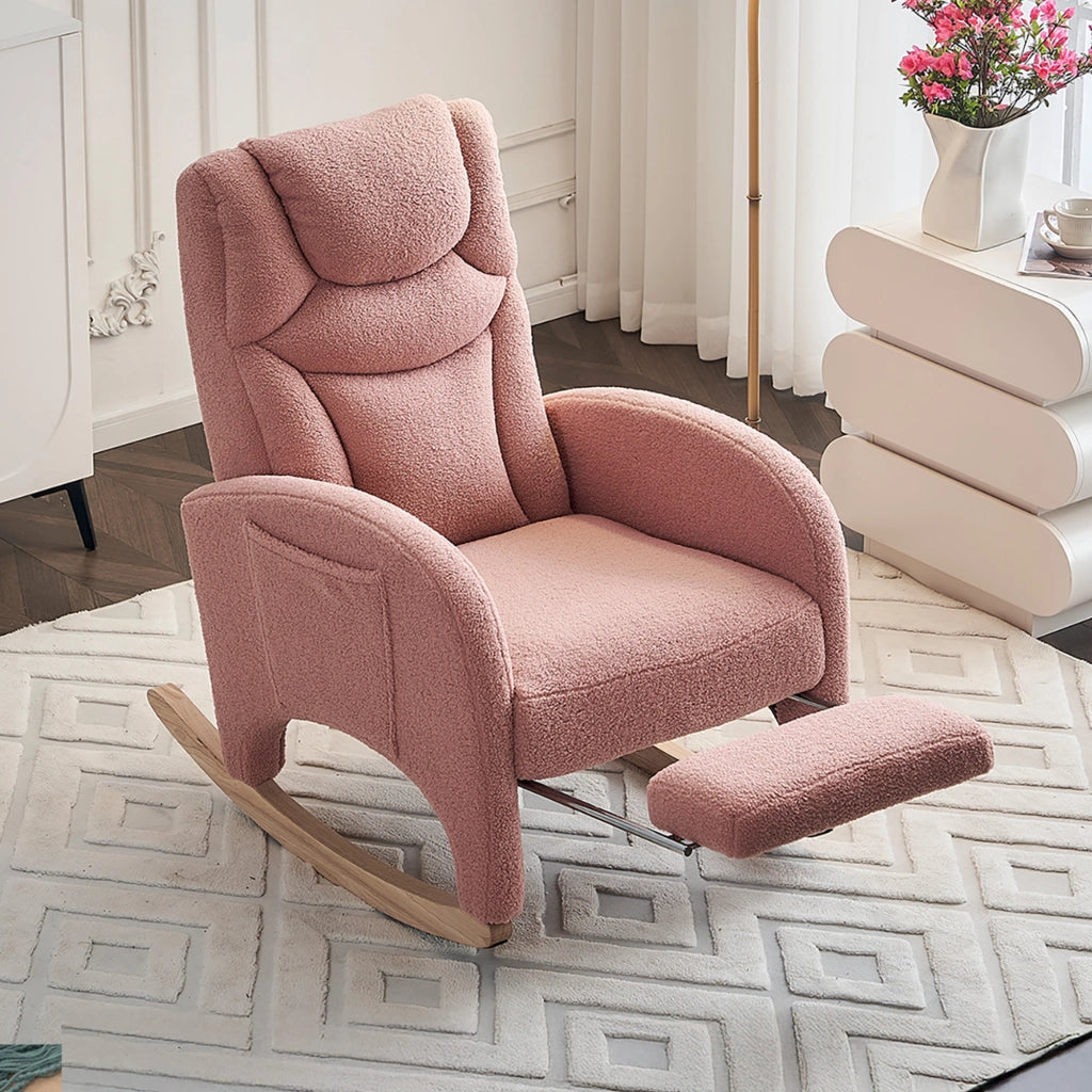 Poltrona a dondolo relax con poggiapiedi pieghevole e schienale ergonomico in tessuto teddy rosa per salotto