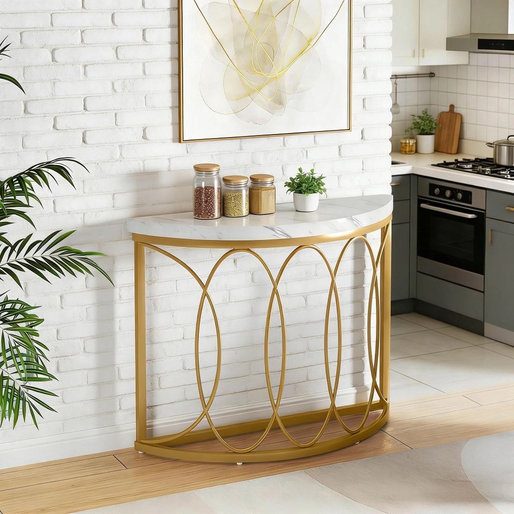 Consolle da ingresso semicircolare con tre basi ovali piano effetto marmo struttura metallo oro bianco 110 × 35 cm