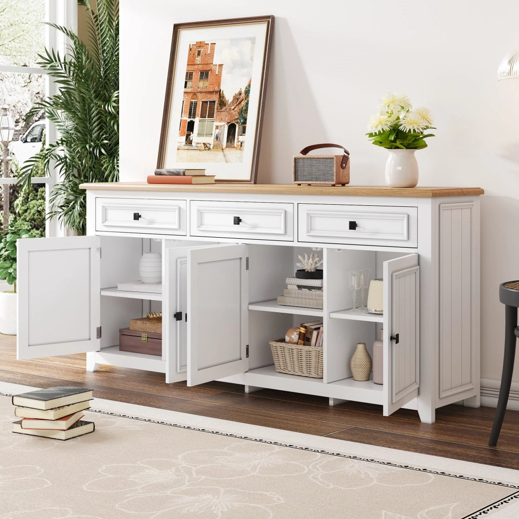 Credenza e madia moderna con 4 ante, 3 cassetti e ripiani regolabili in MDF bianco per soggiorno e camera da letto