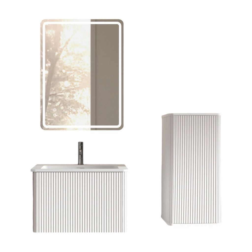 Set Mobili Bagno Moderno con Specchio LED, Mobile Sottolavabo 60 cm Bianco con Lavabo in Pietra Sintetica e Colonna Laterale
