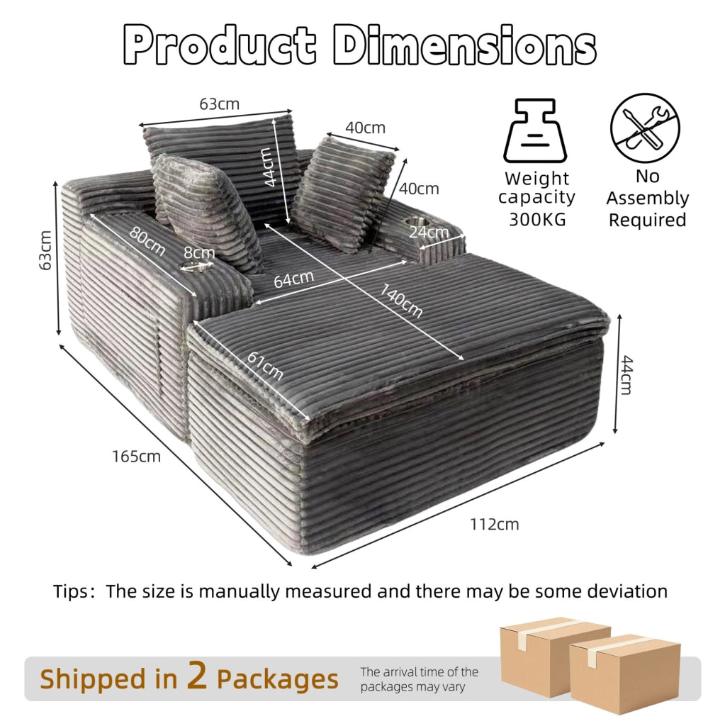 Divano letto senza schienale con chaise longue in tessuto vellutato grigio, 3 cuscini e coperta integrata, senza montaggio