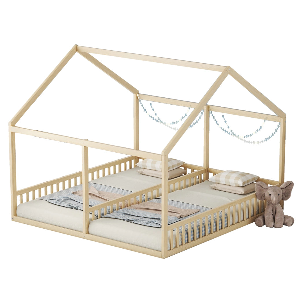 Letto per Bambini 90 x 200 cm - con Sponde; Modello Casa - in Pino e MDF - Naturale