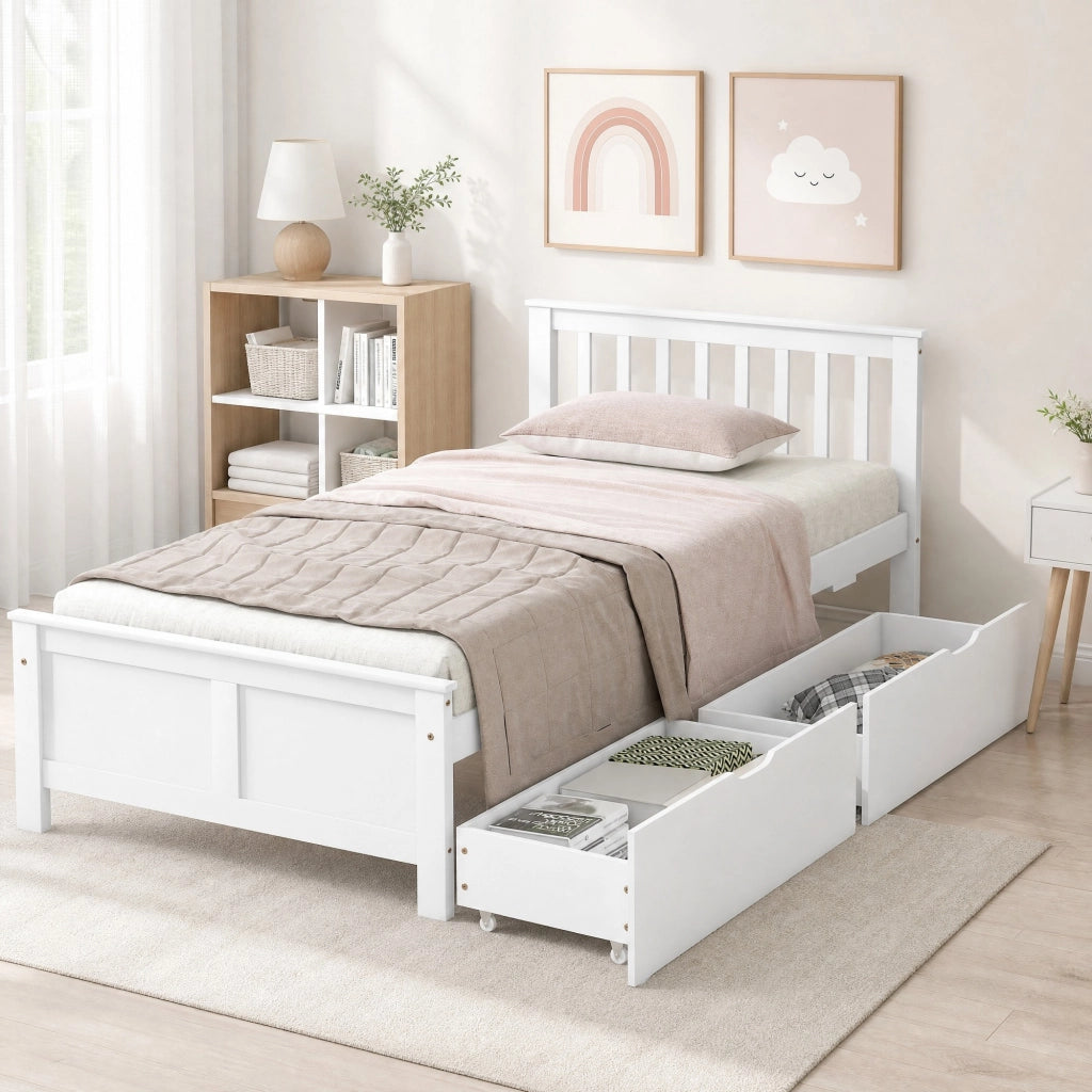 Letto singolo in pino bianco 90x200 cm con 2 cassetti e rete a doghe