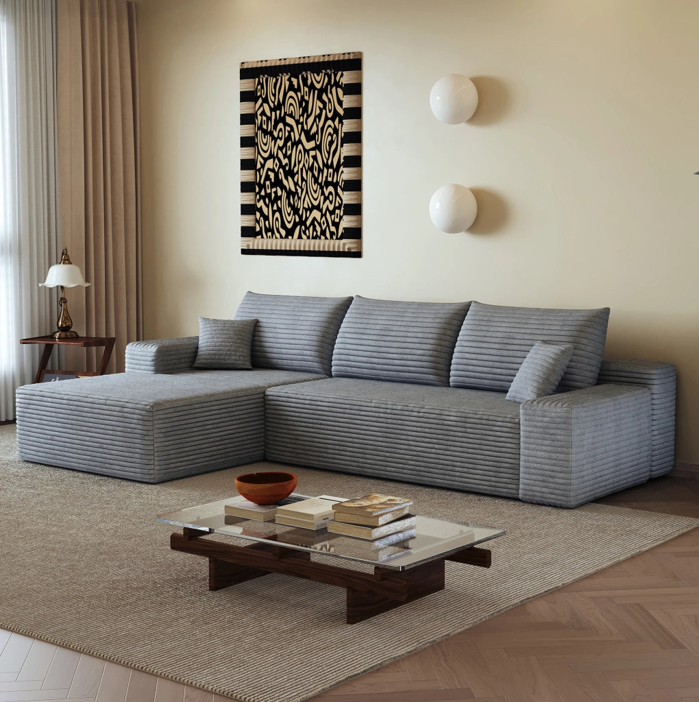Divano modulare angolare 270 cm con chaise longue a L, tessuto in velluto a coste grigio, senza montaggio richiesto