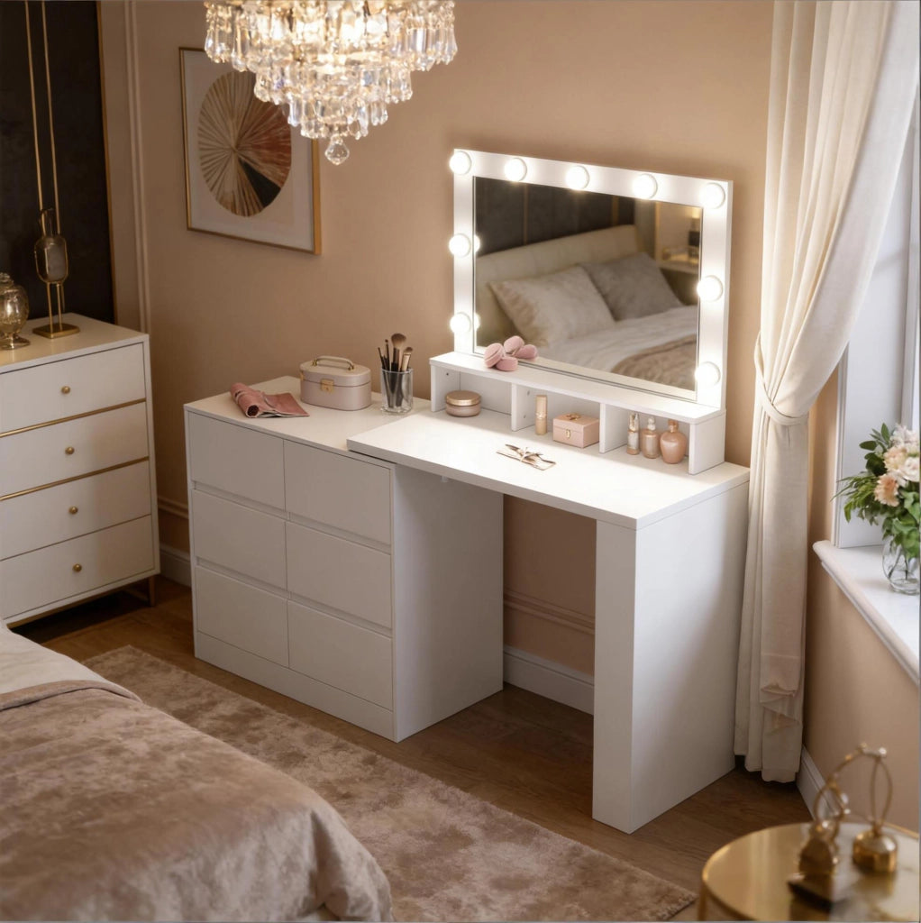 Toeletta bianca 160 x 40 x 134,5 cm con LED regolabile e 6 cassetti