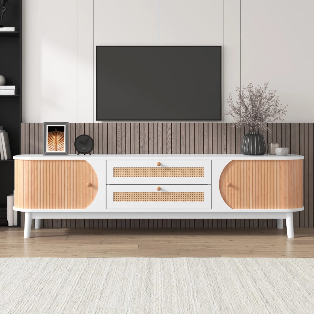 Mobile porta televisore bianco e legno con ante e cassetti intrecciati, ampio e resistente