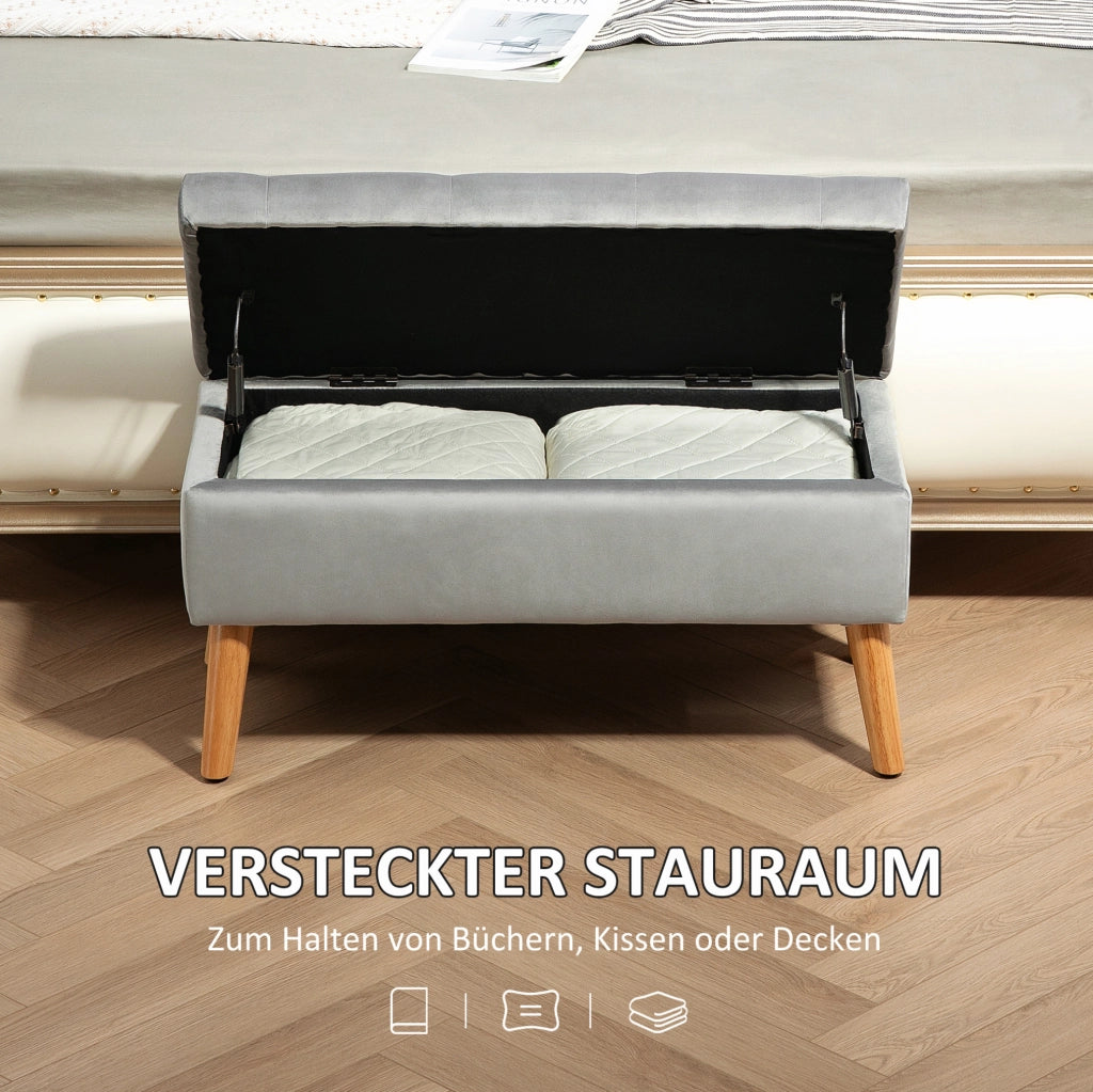Panca con Contenitore in Tessuto Vellutato Grigio 102x35x43 cm con Gambe in Legno di Gomma