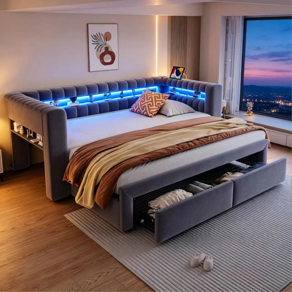 Divano letto 90 × 190 cm trasformabile in letto 180 × 190 cm con cassetti LED USB rivestito in velluto grigio