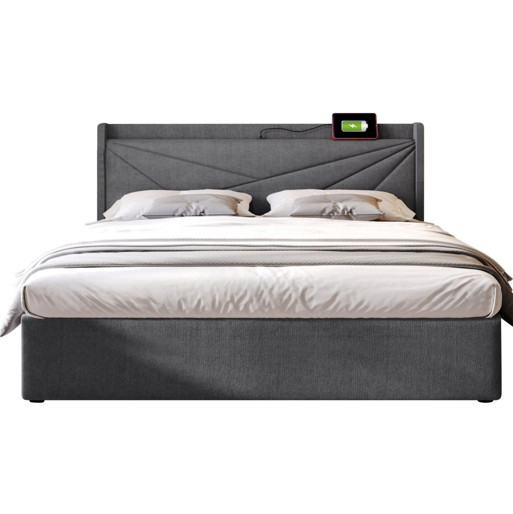Letto matrimoniale 180x200 cm con contenitore, testiera con USB e Type-C, grigio in cotone e lino