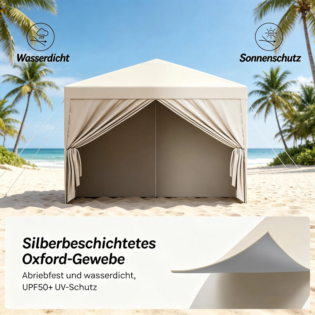 Gazebo pieghevole 3 × 3 m impermeabile con tetto Oxford 210D beige altezza regolabile e pareti laterali