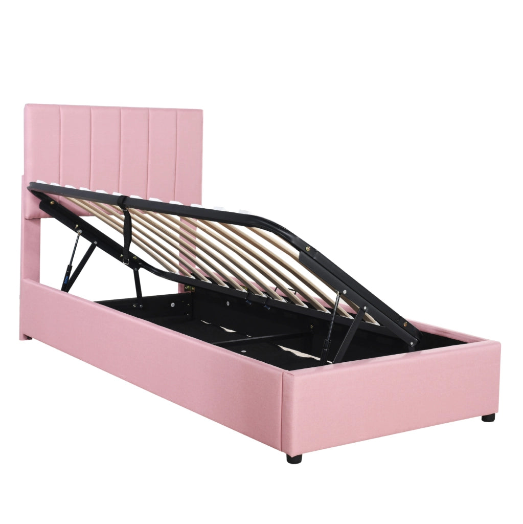 Letto imbottito singolo rosa 90x200 cm con contenitore idraulico