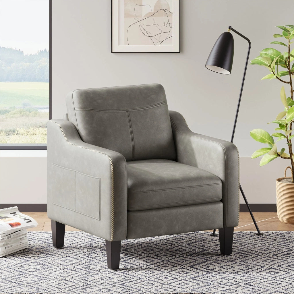 Poltrona moderna in PU in stile Mid-Century con vano portaoggetti laterale, comfort ergonomico per soggiorno e ufficio, grigio