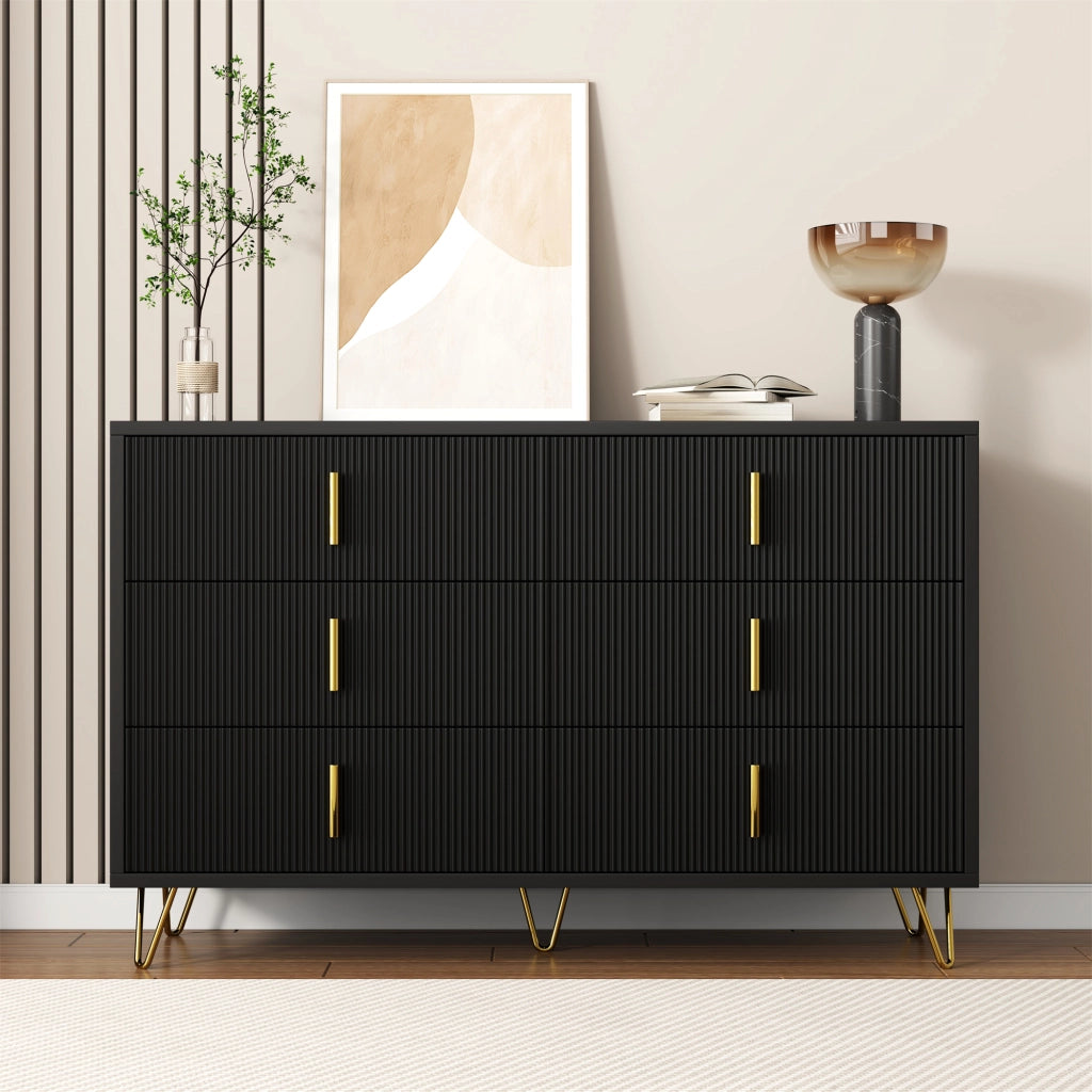 Credenza moderna con 6 cassetti e superficie ondulata, per soggiorno e sala da pranzo, nero e oro, 120 × 40 × 77 cm